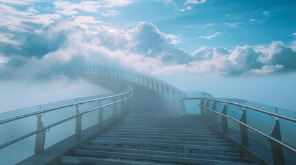 Fototapeta premium long curved staircase leading up to some beautiful modern style gates surrounded by clouds