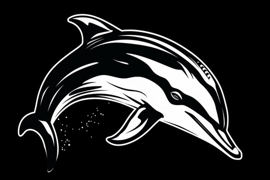 Black and white vector-style face of a dolphin isolated on a solid background.