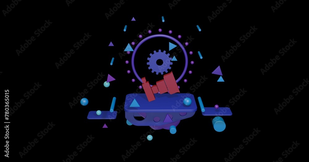 Poster red camera symbol on a pedestal of abstract geometric shapes floating in the air. abstract concept a
