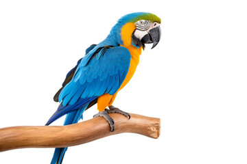 bright blue macaw parrot perched on a wooden perch Playful demeanor,Isolated on white background