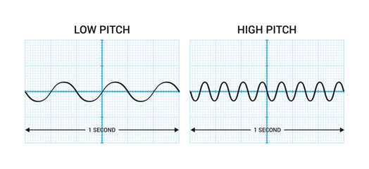 Vector illustration of sound, including its pitch, frequency, and tones, is influenced by auditory acoustics, music, and vibrations.