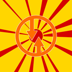 Advantage of oncoming traffic sign on a background of red flash explosion radial lines. A large orange symbol is located in the center of the sunrise. Vector illustration on yellow background