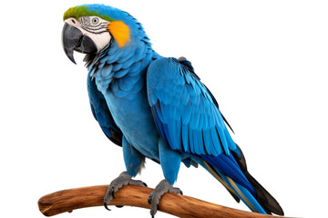 Obraz premium bright blue macaw parrot perched on a wooden perch Playful demeanor,Isolated on white background