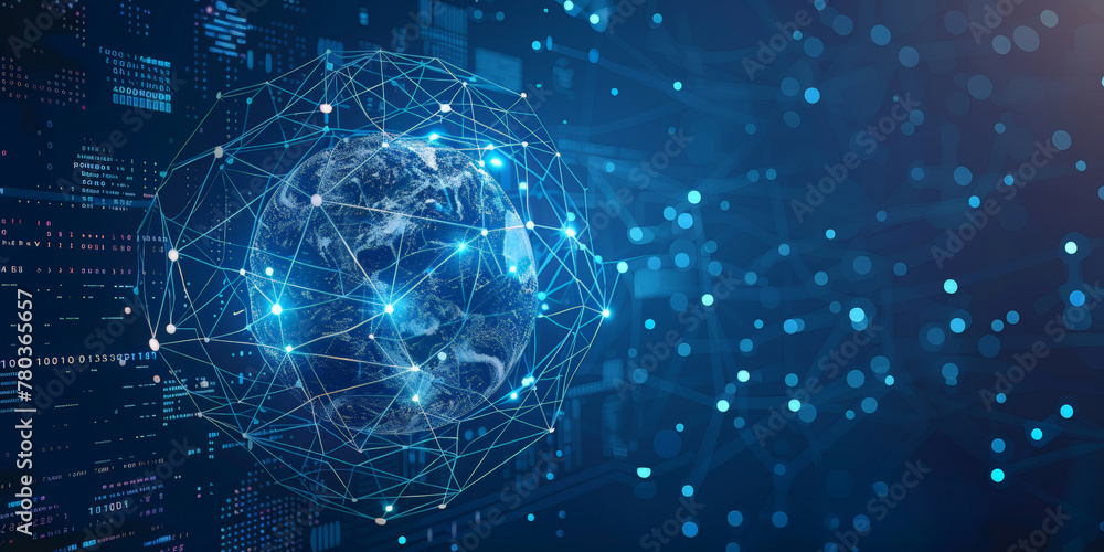 Poster a blue gradient background with a digital globe earth and circuit board elements, representing globa