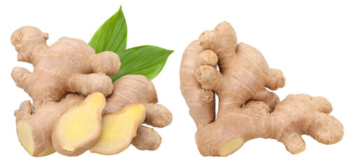 Fresh ginger rhizome with green leaves and slices isolated, transparent PNG,  PNG format, cut out, collection, set