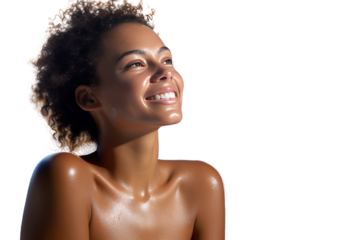 Black woman applying sunscreen, bright atmosphere, taking care of herself. Isolated on white background.