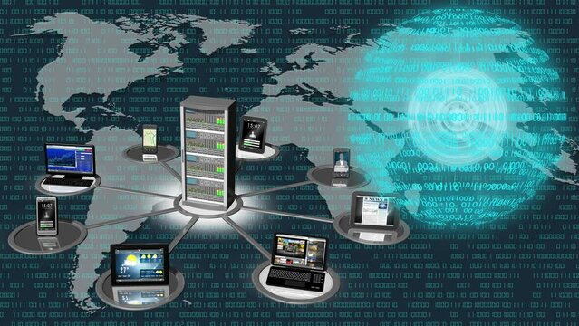 Filmato. Illustrazione 3D. Sfondo mondo digitale. Sequenza di zero e uno concetto di connessione globale tra persone, social network, e dispositivi informatici