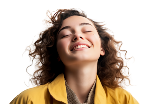 young woman was smiling happily. The atmosphere was bright and she felt satisfied,Isolated on a transparent background.