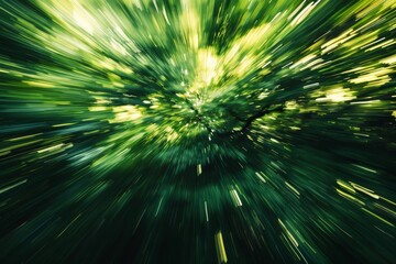 Abstract green metallic shapes flying in the upper atmosphere, with radial zoom motion blur. - obrazy, fototapety, plakaty