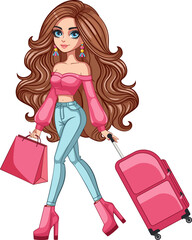 Cartoon brunette girl with luggage walking and holding a pink bag and travel suitcase, full body pictures, wearing jeans and pink crop top. - 780366051