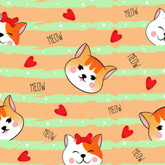 Seamless pattern with many different  red heads of cats on orange striped background. Vector illustration for children.