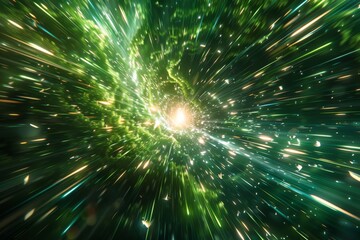 Abstract green metallic shapes flying in the upper atmosphere, with radial zoom motion blur.