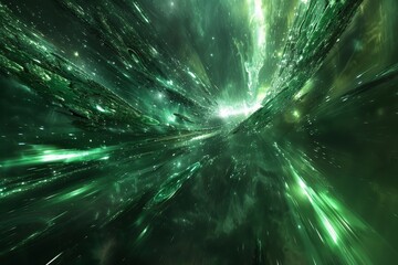 Abstract green metallic shapes flying in the upper atmosphere, with radial zoom motion blur. - obrazy, fototapety, plakaty