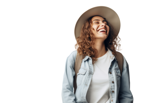 A young woman feels happy with a convenient, fast travel, relaxed, carefree atmosphere , Isolated on a transparent background.