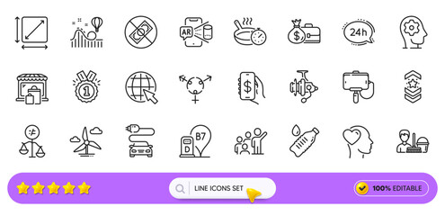 Friend, Discrimination and Brain working line icons for web app. Pack of Shoulder strap, Diesel station, 24h service pictogram icons. Leadership, Roller coaster, Approved signs. Search bar. Vector