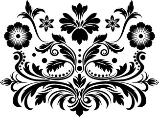 Intricate black and white design with floral elements. The monochrome palette, complex floral design, making it an ideal choice for projects seeking a touch of sophistication and artistry. - 780366233