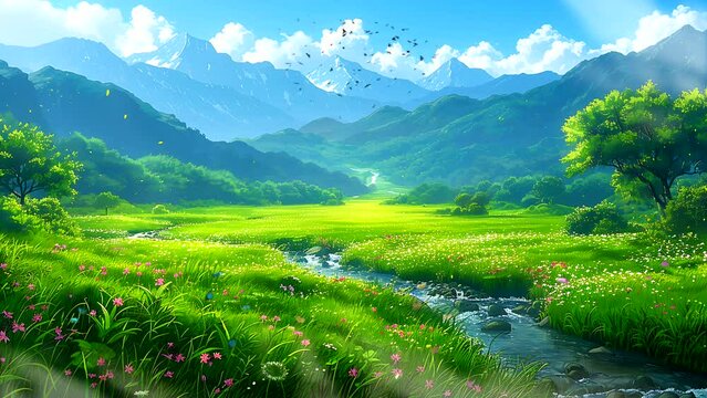 beautiful meadow, a small river flowing in the middle of the green meadow, surrounded by mountain. Seamless looping 4k time-lapse video animation background 