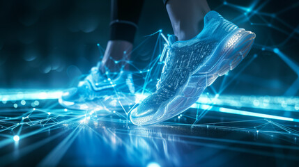 Close-up of shoes for sports and fitness on a dark background with neon lines. Sneakers and...