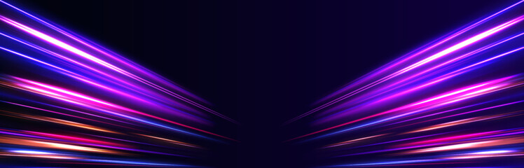 Neon speed in panoramic technology concept, on dark abstract background. Sport car is made of polygons, lines and connected dots. 