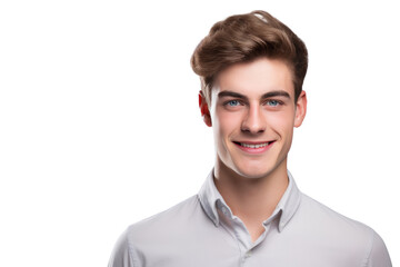 Smiling guy in casual t-shirt, standing confidently, exuding happiness and beauty in a studio portrait,Isolated on a transparent background.
