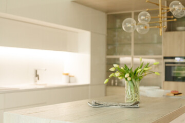 Blurry white modern kitchen interior background