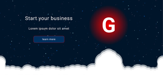 Business startup concept Landing page screen. The capital letter G symbol on the right is highlighted in bright red. Vector illustration on dark blue background with stars and curly clouds from below