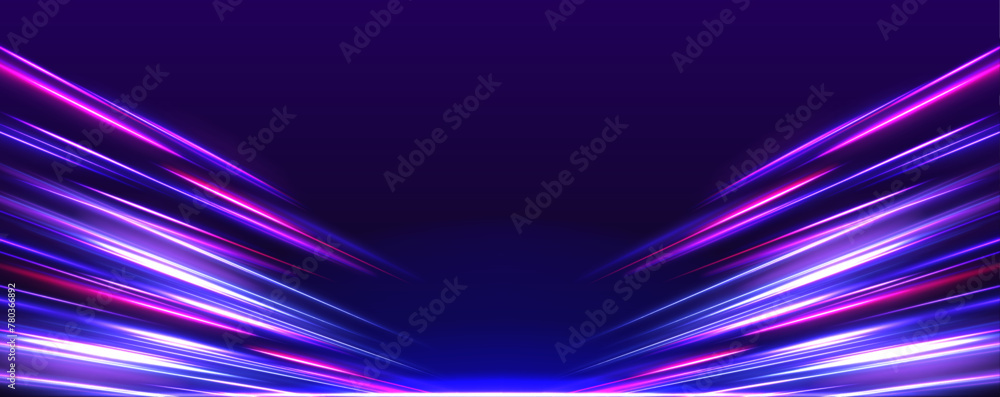 Poster vector speed of light in space on dark background. neon speed in panoramic technology concept, on da