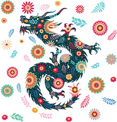 Dragon and flowers pattern. Decorative flowers and dragon silhouette, retro floral pattern design - 780366802