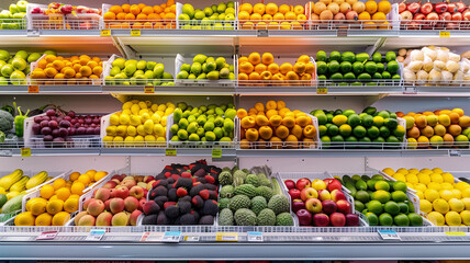 Neatly displayed fruits and vegetables in a large supermarket.