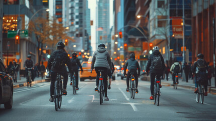 Bustling city street filled with cyclists commuting to work, showcasing the popularity of eco-friendly transportation modes, bike-sharing programs, vibrant energy of bike-friendly urban environment
