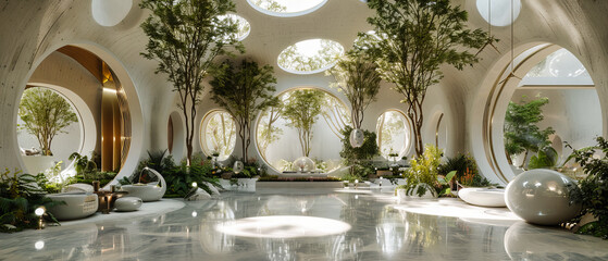 Luxurious Garden and Water Feature in Modern Hotel, Elegant Design with Nature and Reflections