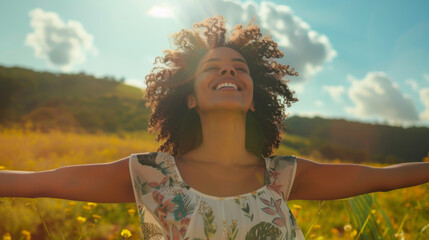 Portrait of a free happy latin american woman with open arms enjoying life in meadows and nature background , young joyful latina female with good mental health