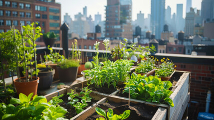 Rooftop garden in the heart of a city, showcasing raised beds filled with vegetables and herbs thriving amidst the urban landscape , urban farming concept with nobody
