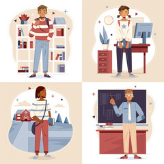 Hand drawn cartoon university education composition set