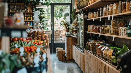 Zero waste grocery store where customers bring their own containers to fill with bulk food items and package-free products , concept of reducing waste and conscious consumption and minimal packaging - obrazy, fototapety, plakaty