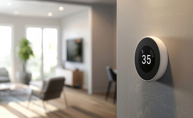 Smart thermostat on a wall in a modern home, representing energy efficiency and climate control through technology. - obrazy, fototapety, plakaty