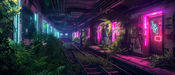 An abandoned subway station filled with glowing neon lights and overgrown foliage. - obrazy, fototapety, plakaty