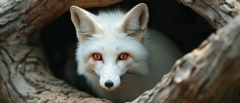 An albino fox with fiery red eyes cunningly peering out from a den.