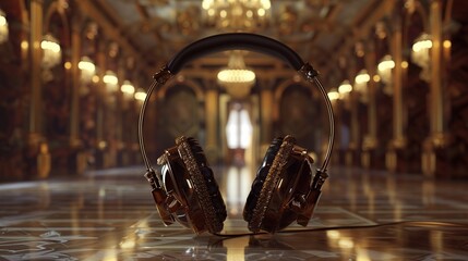 Headphones with a retro motif surrounded by opulent decor in a high end boutique.
