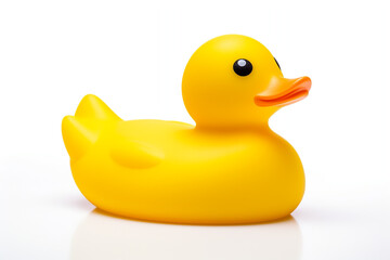 Yellow rubber duck isolated on a solid white background.