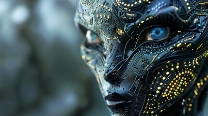 Majestic metallic female figure with intricate designs against a moody background, cyber mystique concept. - obrazy, fototapety, plakaty