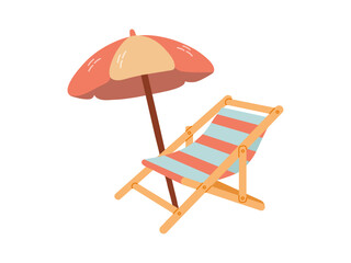 Cute hand drawn beach chair with beach umbrella. Flat vector illustration isolated on white background. Doodle drawing.