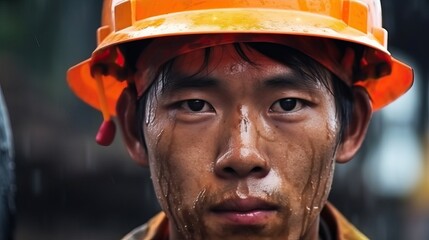 Portrait of Young Man in Orange Helmet