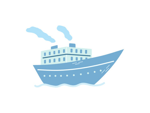 Cute hand drawn ship, steamboat, steamship. Flat vector illustration isolated on white background. Doodle drawing.