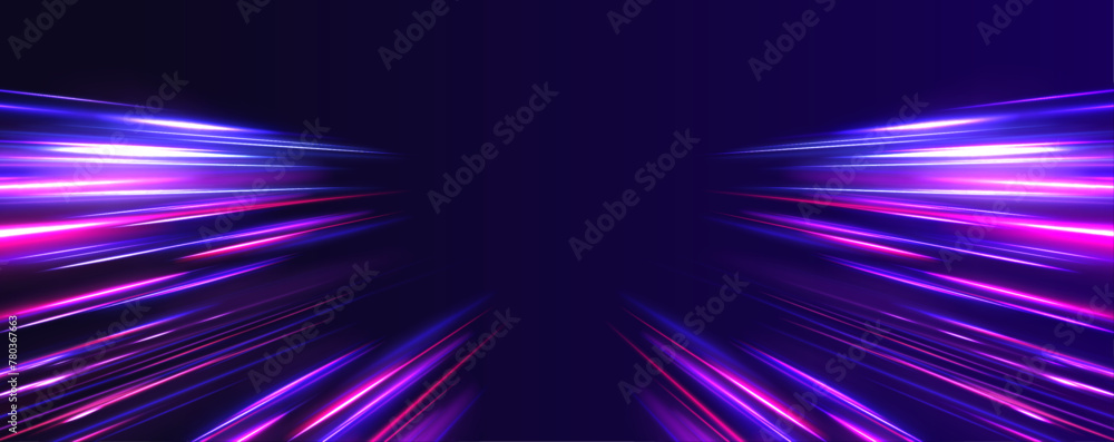 Aufkleber Speed of light concept background. Cyberpunk light trails in motion or light slow shutter effect. Acceleration speed motion on night road. 