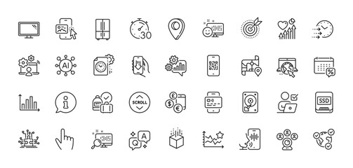 Internet, Phone image and Heart beat line icons pack. AI, Question and Answer, Map pin icons. Map, Cursor, Refrigerator web icon. Monitor, Card, Info pictogram. Vector
