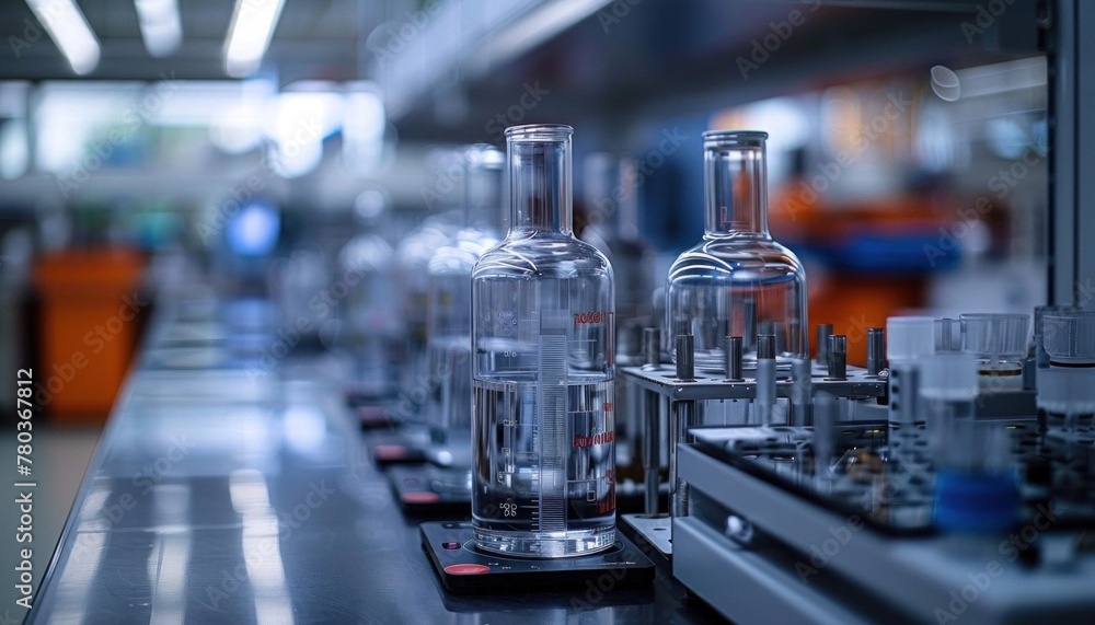 Poster row of glass bottles in lab, containing fluids for engineering experiments