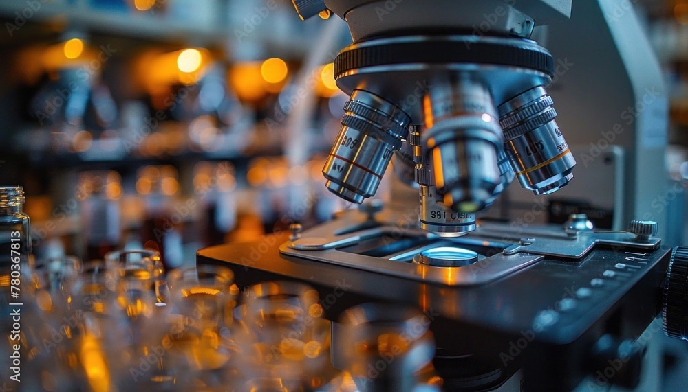 Poster closeup of an engineering machine with beakers in background