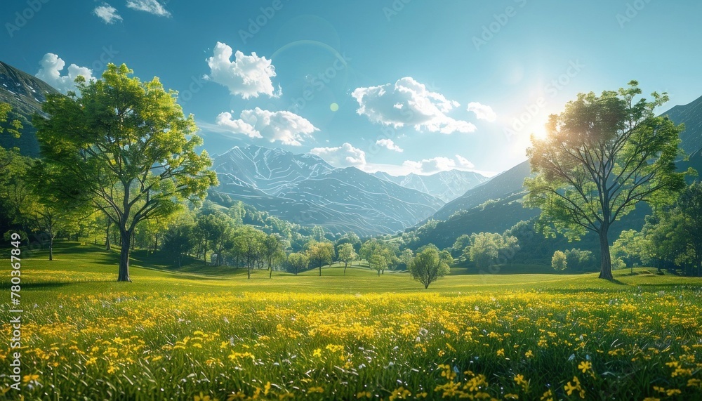 Poster sun shining through clouds over field of flowers with mountains in background
