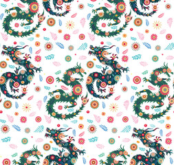 Dragon and flowers pattern. Decorative flowers and dragon silhouette, retro floral pattern design - 780367822